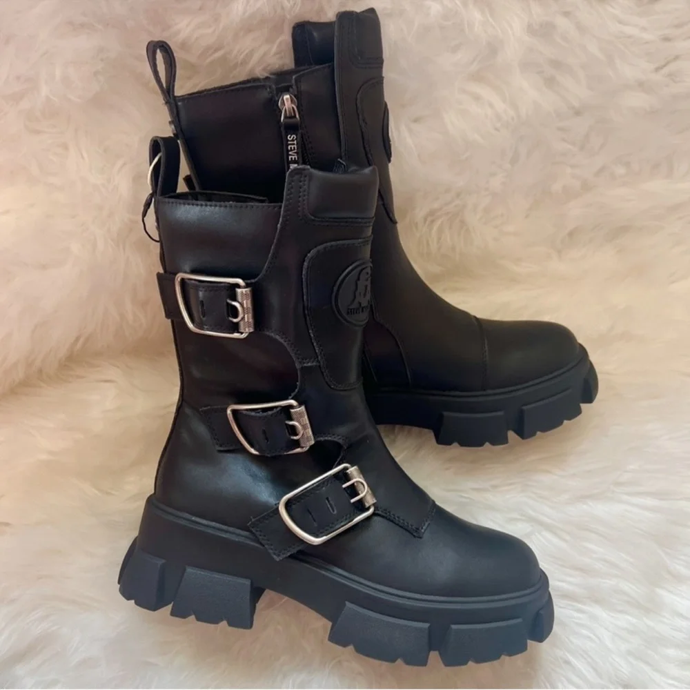 ❤️SOLD❤️ Steve Madden Chunky Sole Platform Moto Combat Boots in Black Leather - Picture 5 of 11